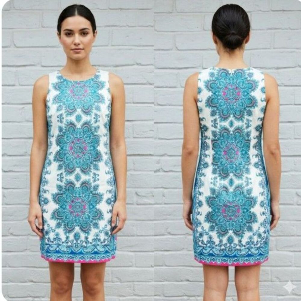 London Times Blue Floral Mandala Shift Dress Size 8 EUC